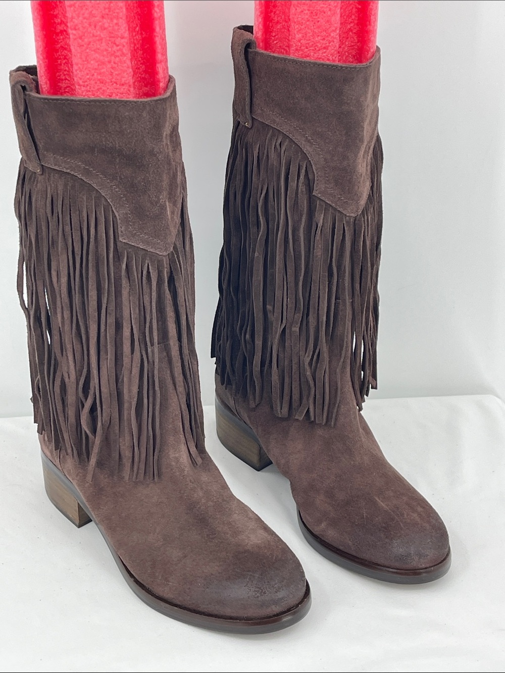 Lucky Brand Brown Suede Fringe Mid-Calf Heeled Boots WOMENS SIZE 10M